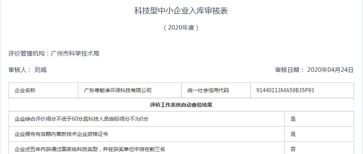 廣東粵能凈環(huán)?？萍加邢薰境晒θ霂?020年科技型中小企業(yè)